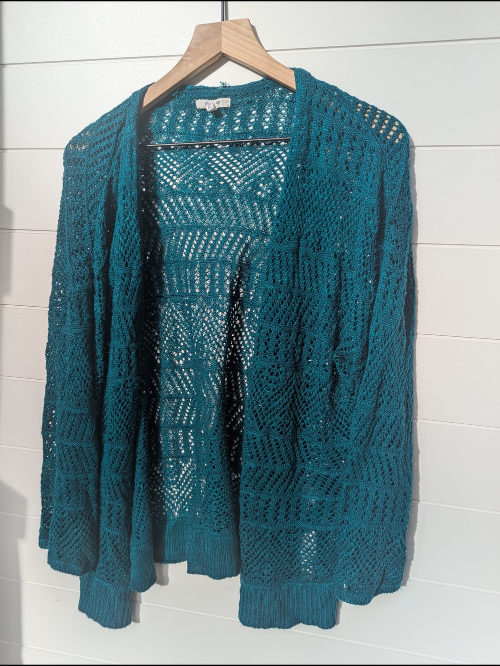 Open-Front Teal Crochet Knit Cardigan Sweater